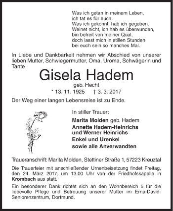 Traueranzeige von Gisela Hadem von Siegener Zeitung