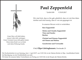 Traueranzeige von Paul Zeppenfeld von Siegener Zeitung