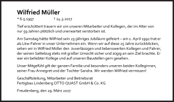 Traueranzeige von Wilfried Müller von Siegener Zeitung