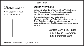 Traueranzeige von Dieter Zahn von Siegener Zeitung