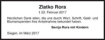 Traueranzeige von Zlatko Rora von Siegener Zeitung