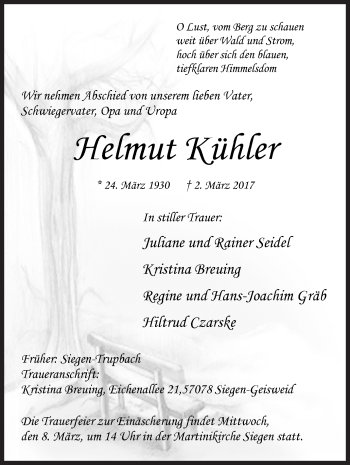 Traueranzeige von Helmut Kühler von Siegener Zeitung