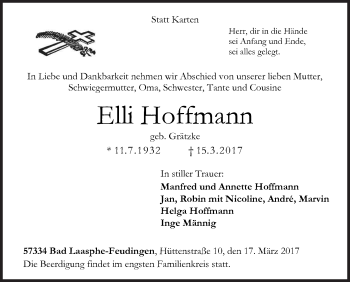 Traueranzeige von Elli Hoffmann von Siegener Zeitung