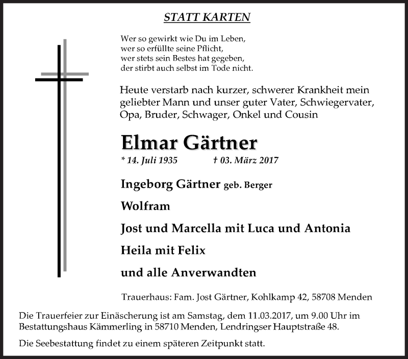  Traueranzeige für Elmar Gärtner vom 08.03.2017 aus Siegener Zeitung