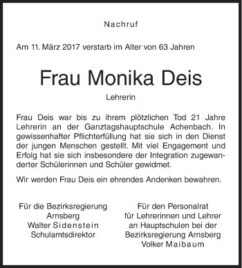 Traueranzeige von Monika Deis von Siegener Zeitung