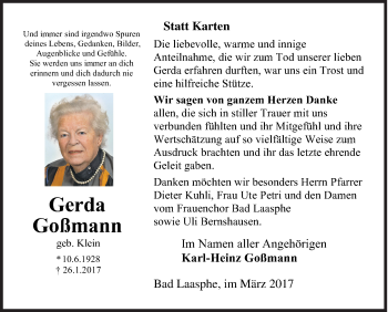 Traueranzeige von Gerda Goßmann von Siegener Zeitung
