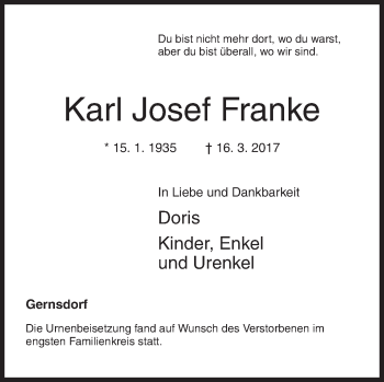 Traueranzeige von Karl Josef Franke von Siegener Zeitung
