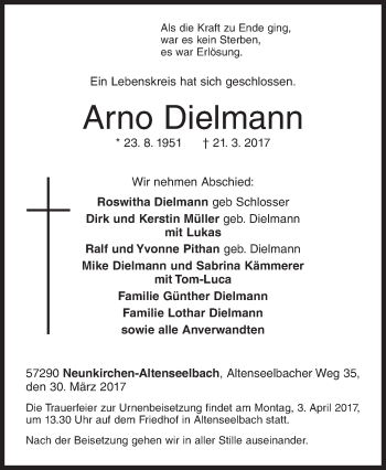 Traueranzeige von Arno Dielmann von Siegener Zeitung
