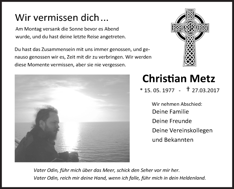  Traueranzeige für Christian Metz vom 31.03.2017 aus Siegener Zeitung