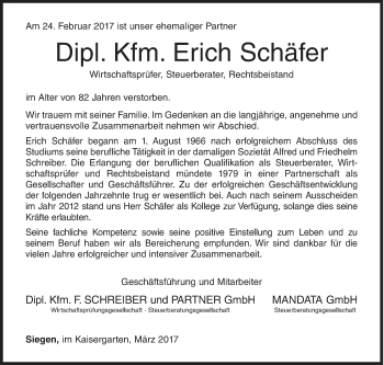 Traueranzeige von Erich Schäfer von Siegener Zeitung