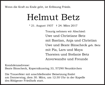 Traueranzeige von Helmut Betz von Siegener Zeitung