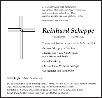 Traueranzeige von Reinhard Scheppe von Siegener Zeitung