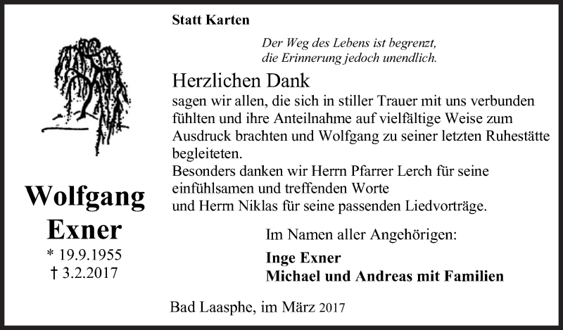  Traueranzeige für Wolfgang Exner vom 25.03.2017 aus Siegener Zeitung
