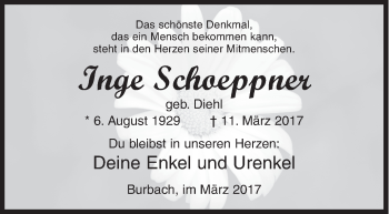 Traueranzeige von Inge Schoeppner von Siegener Zeitung