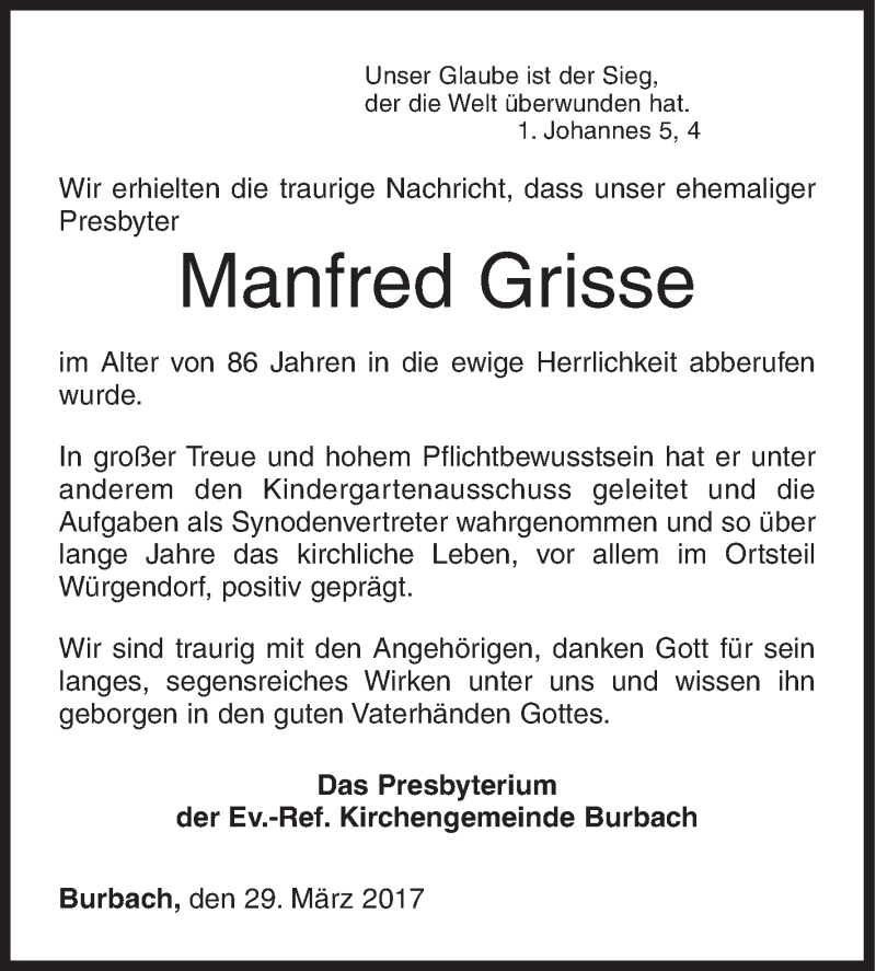  Traueranzeige für Manfred Grisse vom 29.03.2017 aus Siegener Zeitung