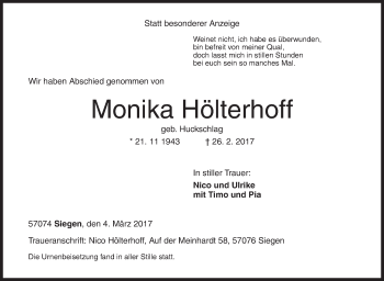 Traueranzeige von Monika Hölterhoff von Siegener Zeitung
