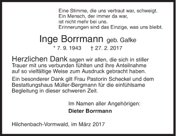 Traueranzeige von Inge Borrmann von Siegener Zeitung