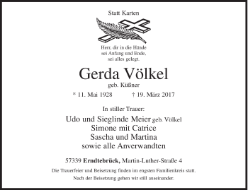Traueranzeige von Gerda Völkel von Siegener Zeitung