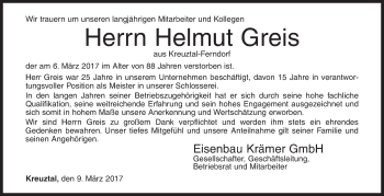 Traueranzeige von Helmut Greis von Siegener Zeitung