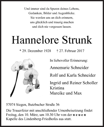 Traueranzeige von Hannelore Strunk von Siegener Zeitung