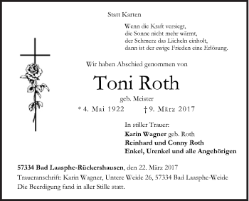 Traueranzeige von Toni Roth von Siegener Zeitung