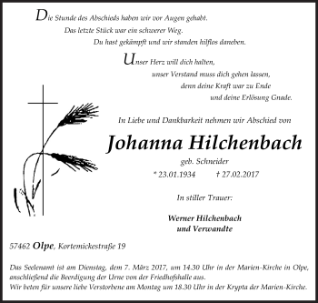 Traueranzeige von Johanna Hilchenbach von Siegener Zeitung