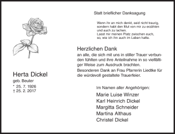 Traueranzeige von Herta Dickel von Siegener Zeitung
