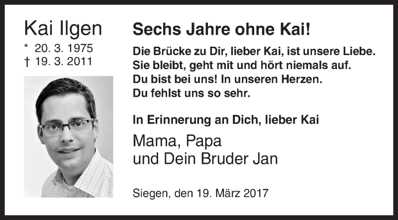  Traueranzeige für Kai Ilgen vom 18.03.2017 aus Siegener Zeitung