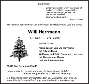 Traueranzeige von Willi Herrmann von Siegener Zeitung