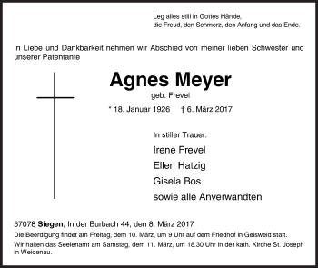 Traueranzeige von Agnes Meyer von Siegener Zeitung