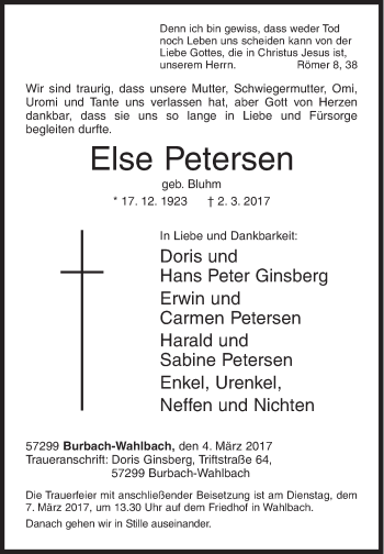 Traueranzeige von Else Petersen von Siegener Zeitung