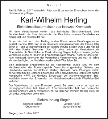 Traueranzeige von Karl-Wilhelm Herling von Siegener Zeitung