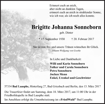 Traueranzeige von Brigitte Johanna Sonneborn von Siegener Zeitung