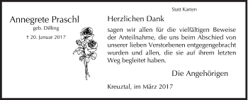 Traueranzeige von Annegrete Praschl von Siegener Zeitung