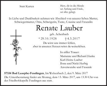 Traueranzeige von Renate Lauber von Siegener Zeitung