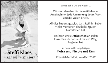 Traueranzeige von Stephanie (Steffi)  Klaes von Siegener Zeitung