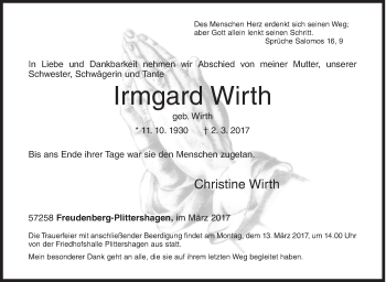 Traueranzeige von Irmgard Wirth von Siegener Zeitung