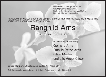 Traueranzeige von Ranghild Arns von Siegener Zeitung