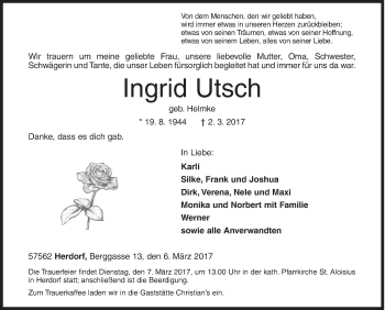 Traueranzeige von Ingrid Utsch von Siegener Zeitung