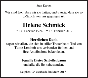 Traueranzeige von Helene Schmick von Siegener Zeitung
