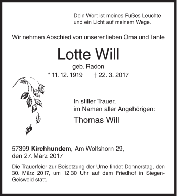 Traueranzeige von Lotte Will von Siegener Zeitung