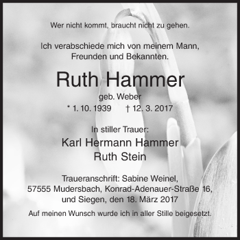 Traueranzeige von Ruth Hammer von Siegener Zeitung