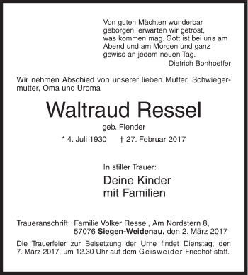 Traueranzeige von Waltraud Ressel von Siegener Zeitung