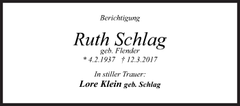 Traueranzeige von Ruth Schlag von Siegener Zeitung