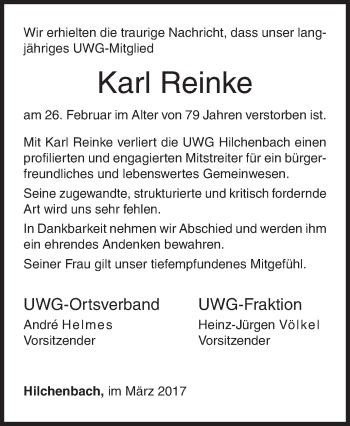 Traueranzeige von Karl Reinke von Siegener Zeitung