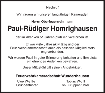 Traueranzeige von Paul-Rüdiger Homrighausen von Siegener Zeitung