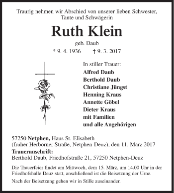 Traueranzeige von Ruth Klein von Siegener Zeitung