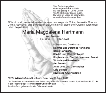 Traueranzeige von Maria Magdalena Hartmann von Siegener Zeitung