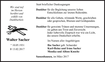 Traueranzeige von Walter Sacher von Siegener Zeitung