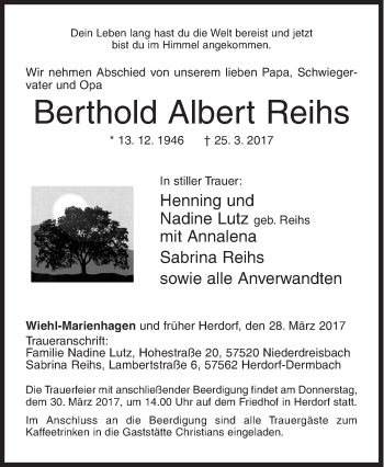 Traueranzeige von Berthold Albert Reihs von Siegener Zeitung
